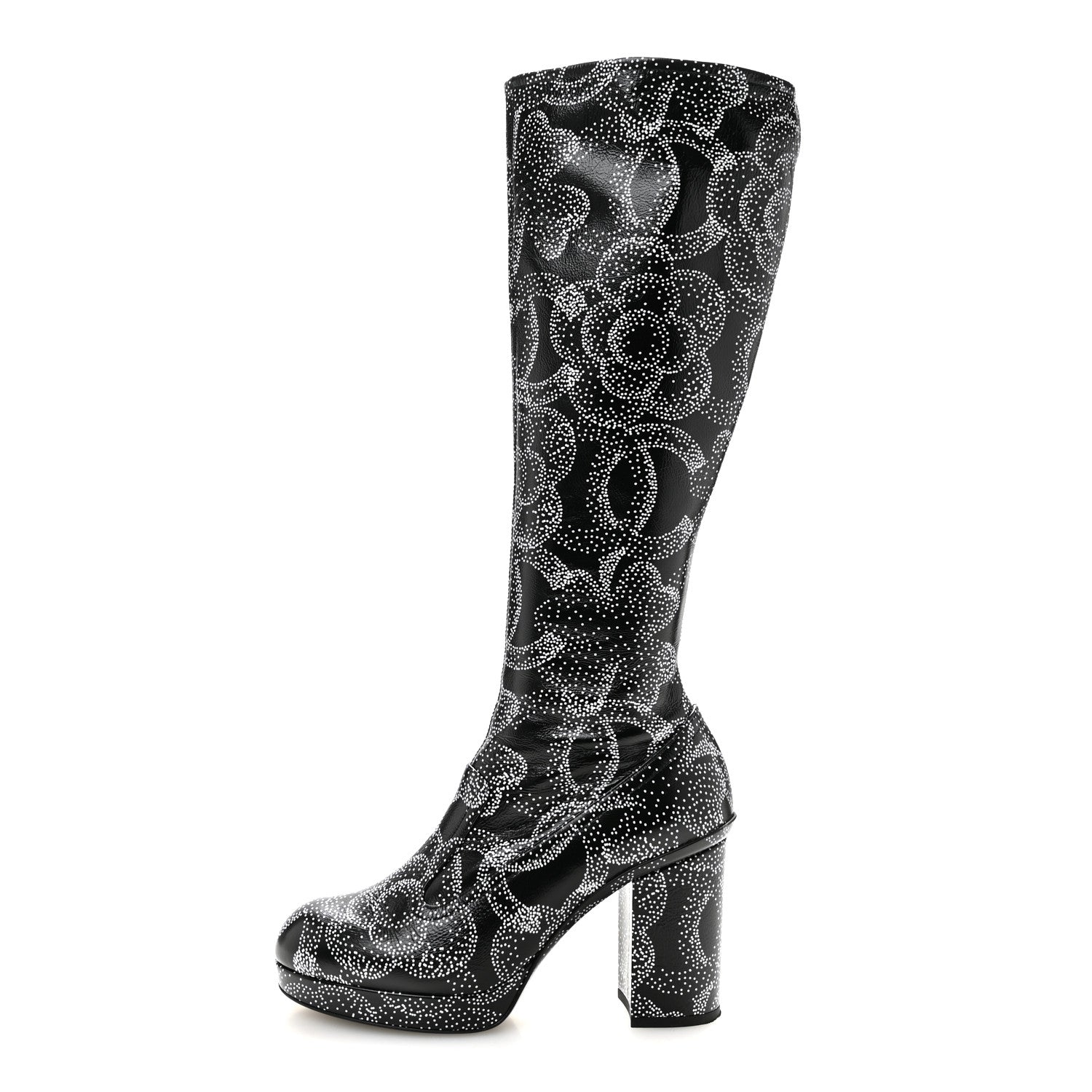 Chanel Calfskin Camellia Printed High Boots 37.5 Black White 1 of 8