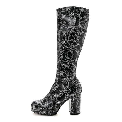 Chanel Calfskin Camellia Printed High Boots 37.5 Black White 1 of 8