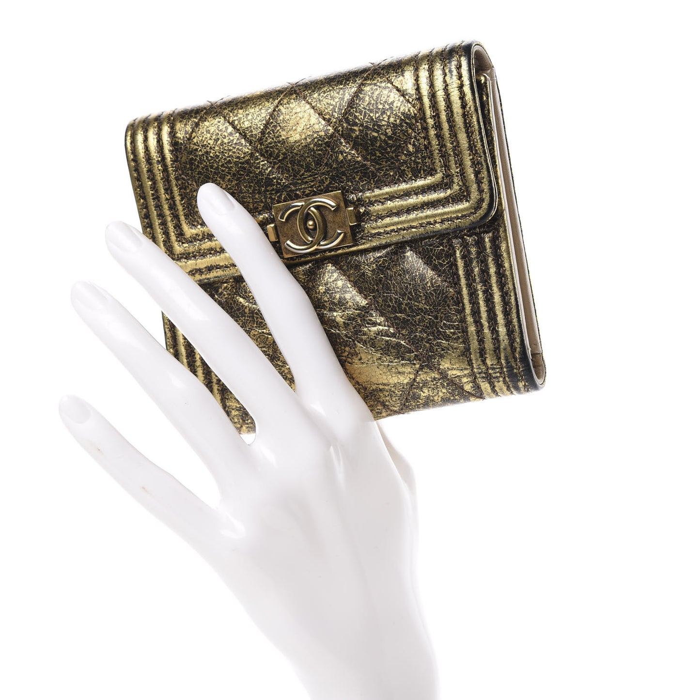 Cracked Metallic Calfskin Quilted Compact Boy Wallet Gold