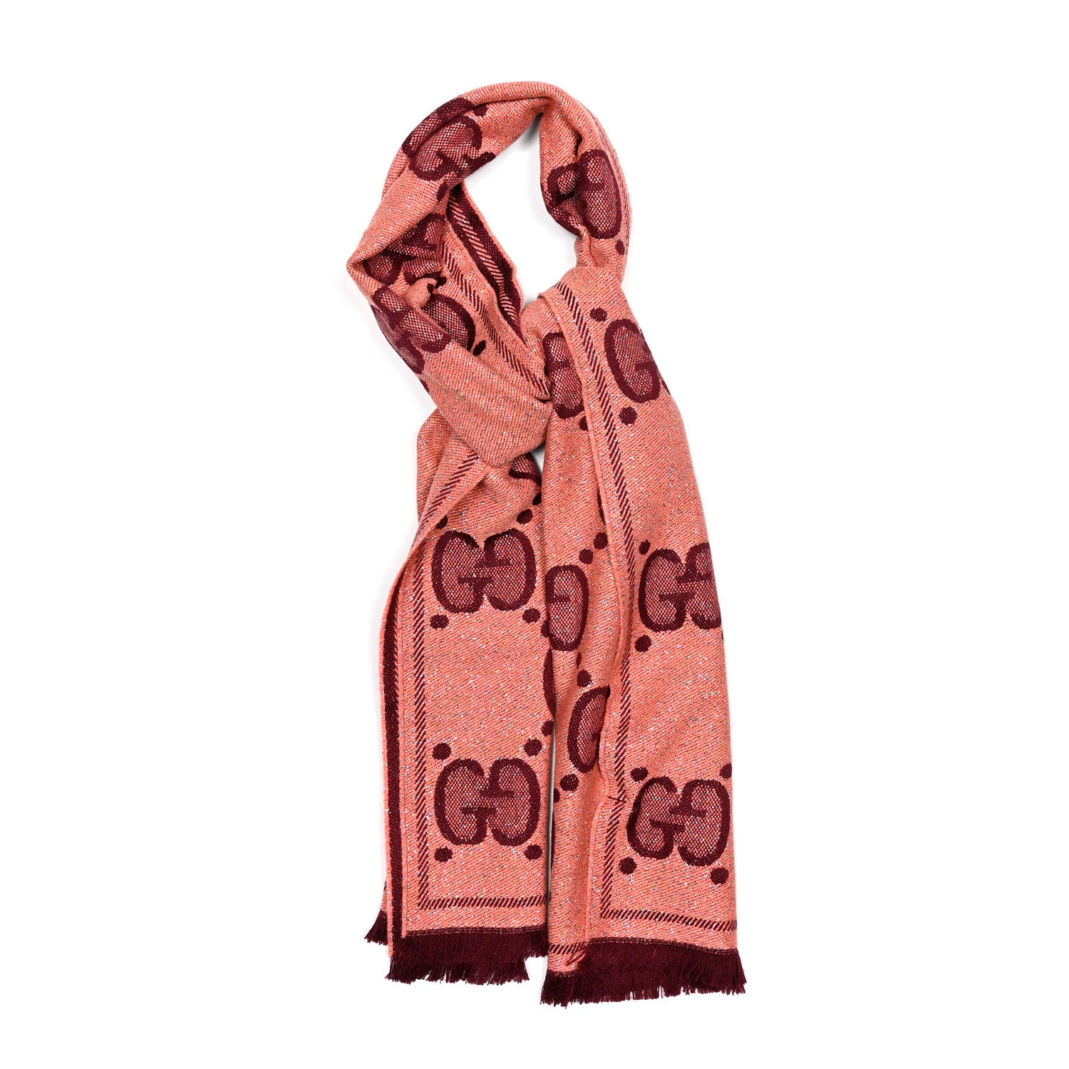 Gucci Wool Lame Jacquard Monogram Jumbo GG Lady Nest Lux Scarf Salmon Bordeaux 1 of 3