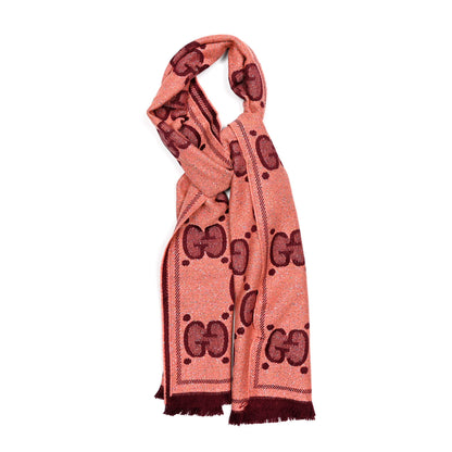 Gucci Wool Lame Jacquard Monogram Jumbo GG Lady Nest Lux Scarf Salmon Bordeaux 1 of 3