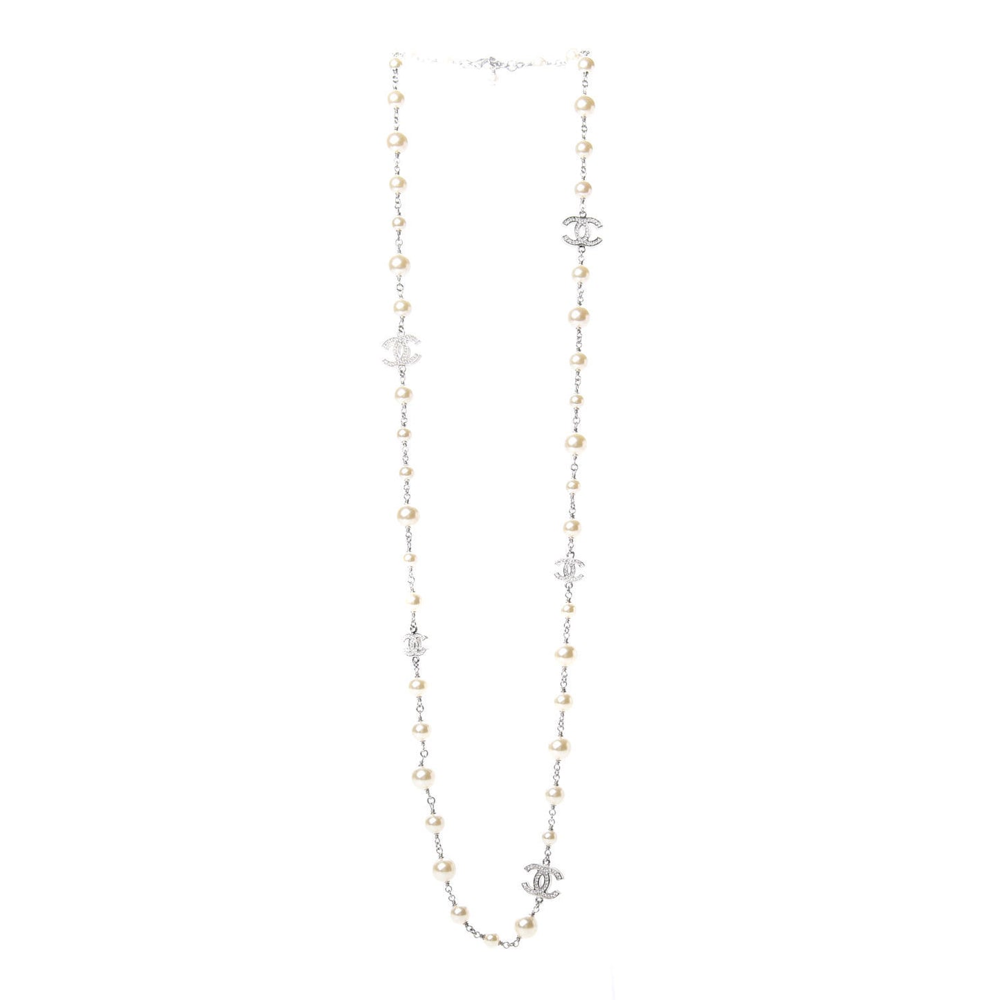 Crystal Pearl CC Long Necklace Silver