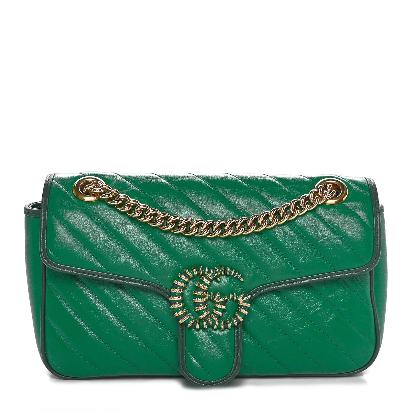 Azalea Calfskin Enamel Matelasse Diagonal Small Torchon GG Marmont Shoulder Bag New Shamarock Emerald