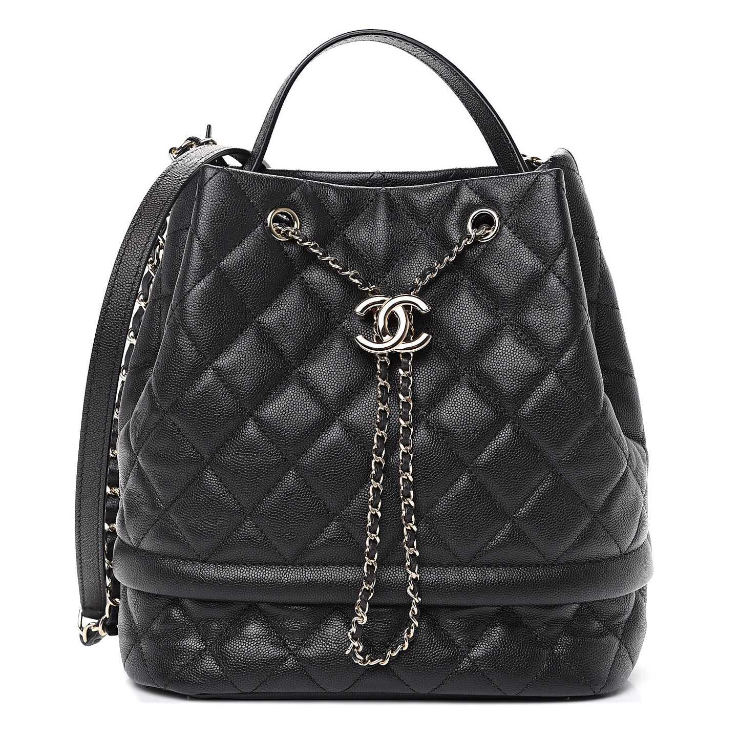 Caviar Quilted Large Rolled Up Bucket Drawstring Bag Black