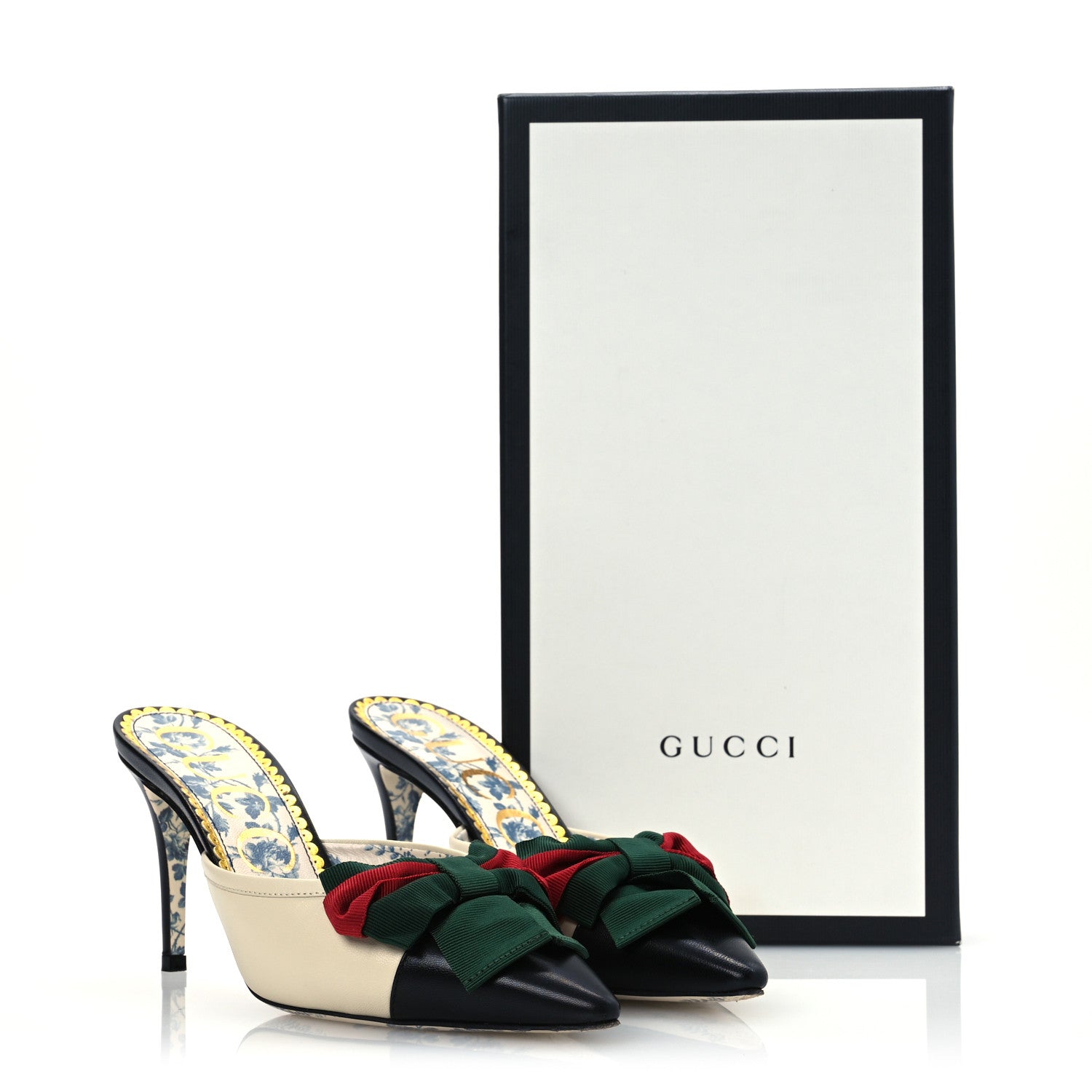 Gucci Malaga Kid Web Bow Mid Heel Mules 36.5 Black Vintage White 13 of 13