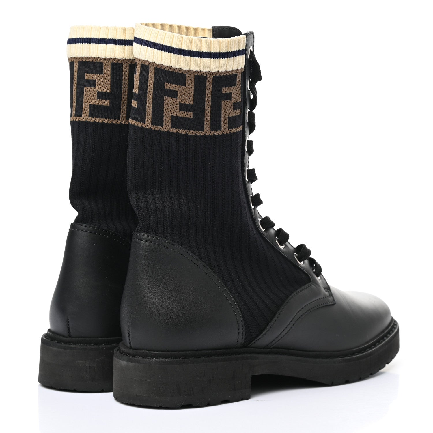 Fendi Calfskin Stretch Fabric Rockoko Biker Boots 37.5 Tobacco Black Marino 4 of 10