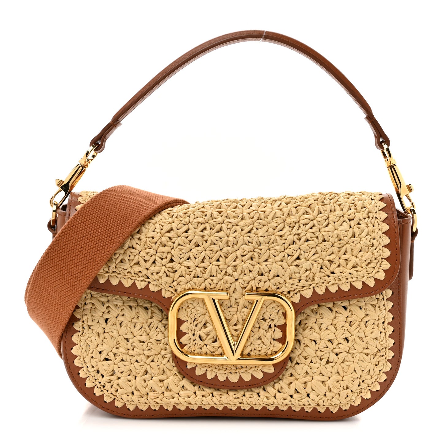 Raffia Calfskin Vlogo Alltime Shoulder Bag Natural Saddle Brown