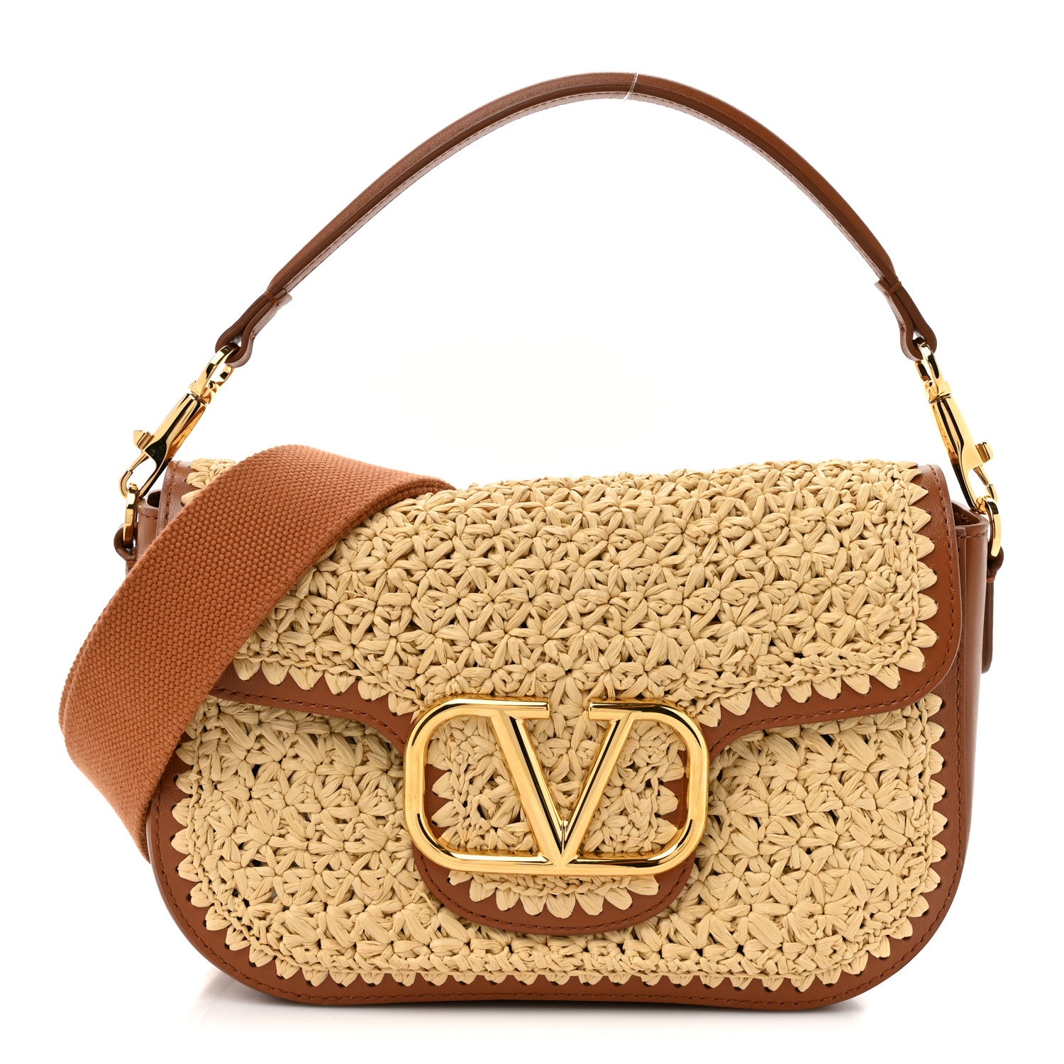 Valentino Garavani Raffia Calfskin Vlogo Alltime Shoulder Bag Natural Saddle Brown 1 of 10