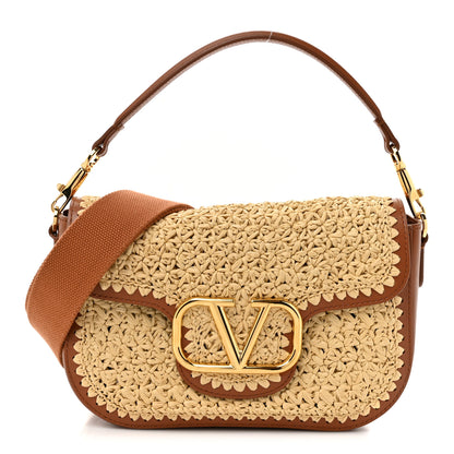Valentino Garavani Raffia Calfskin Vlogo Alltime Shoulder Bag Natural Saddle Brown 1 of 10