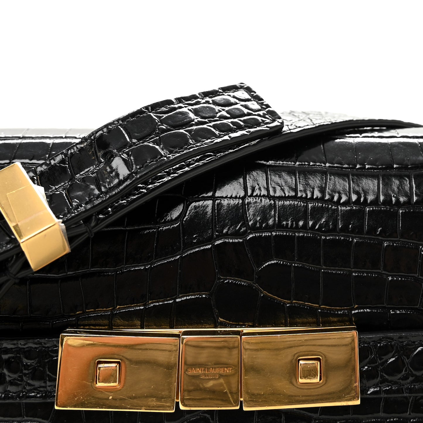 Shiny Calfskin Crocodile Embossed Manhattan Baguette Black