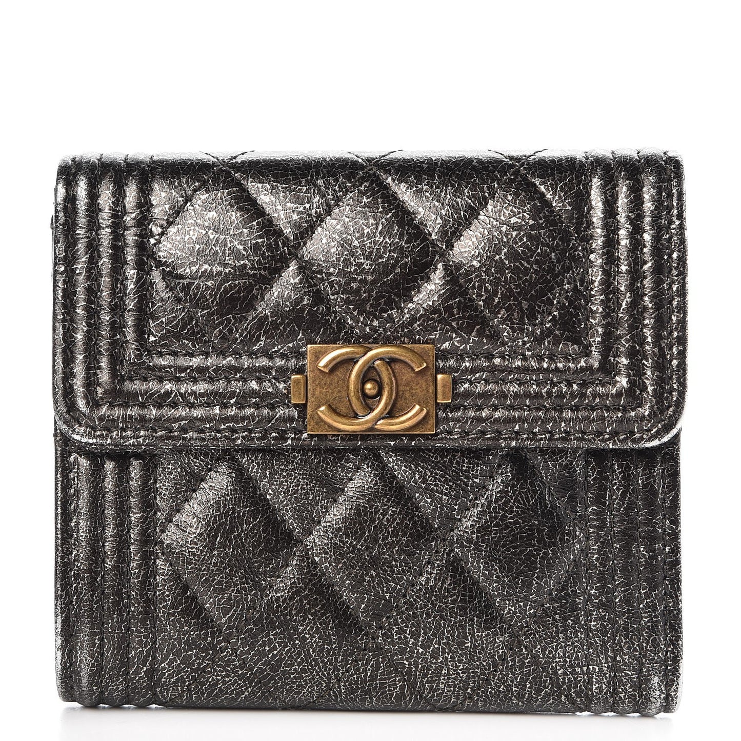 Cracked Metallic Calfskin Quilted Compact Boy Wallet Black