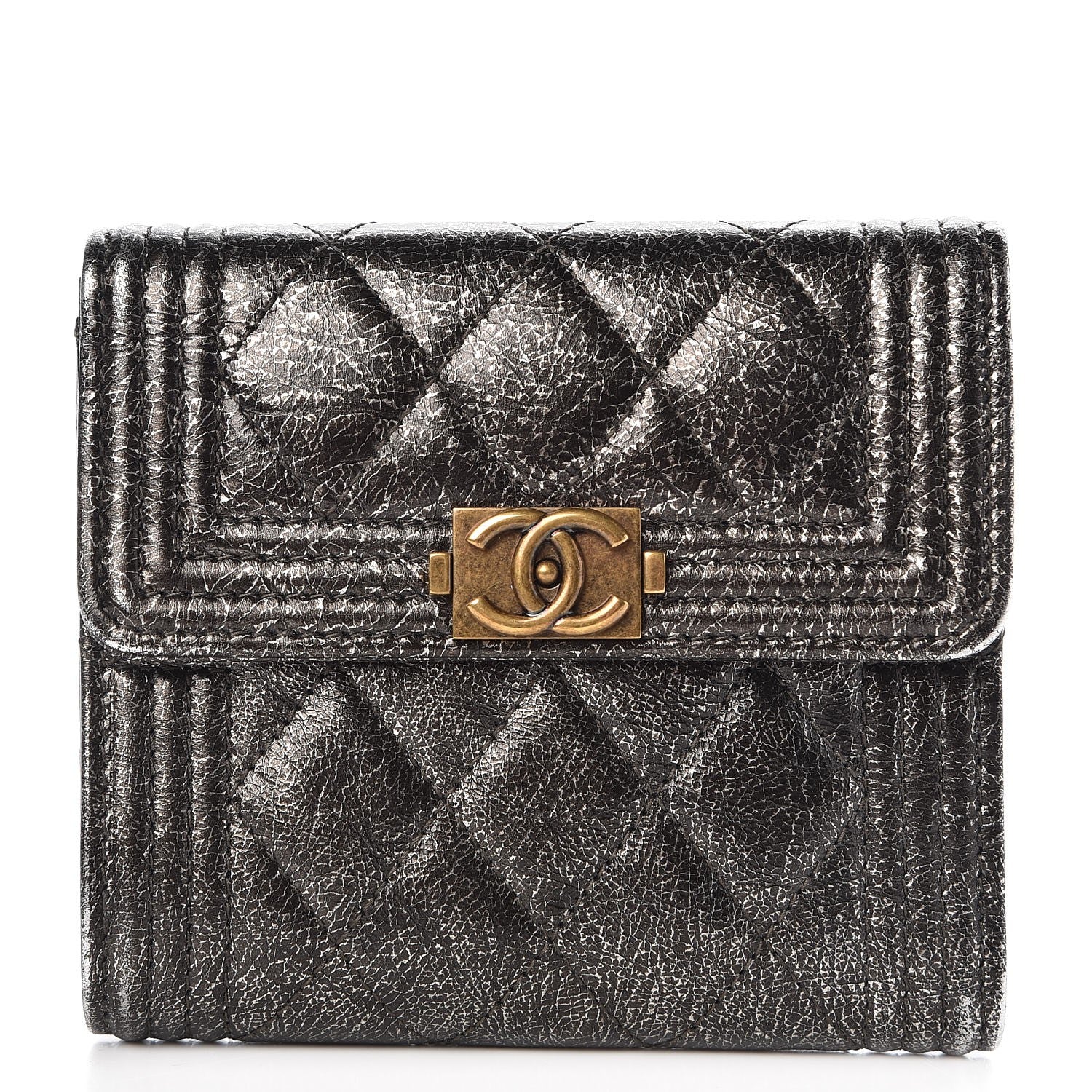 Chanel Cracked Metallic Calfskin Quilted Compact Boy Wallet Black 1 of 9