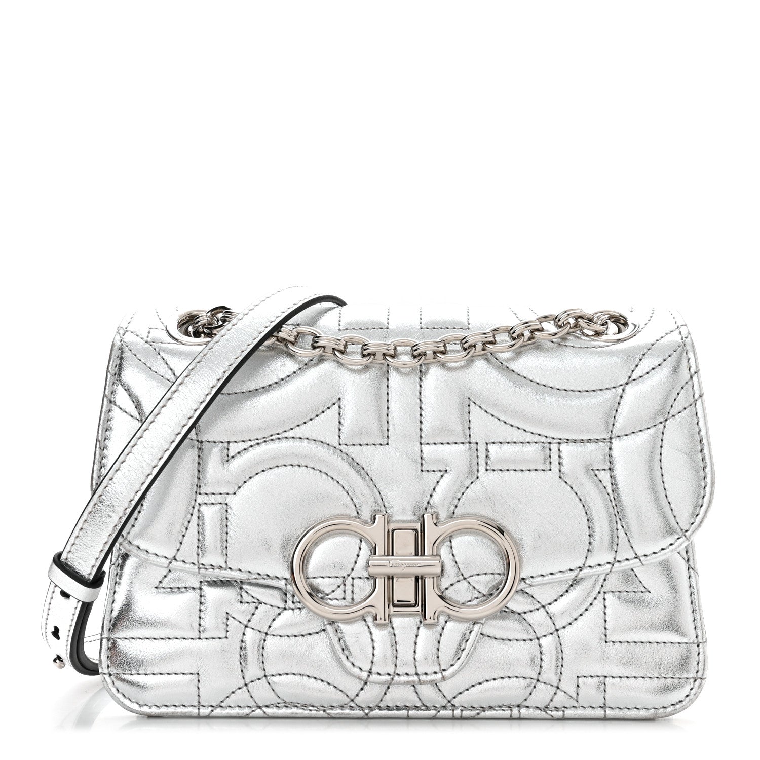 Salvatore Ferragamo Calfskin Quilted Gancini Flap Bag Silver 1 of 10