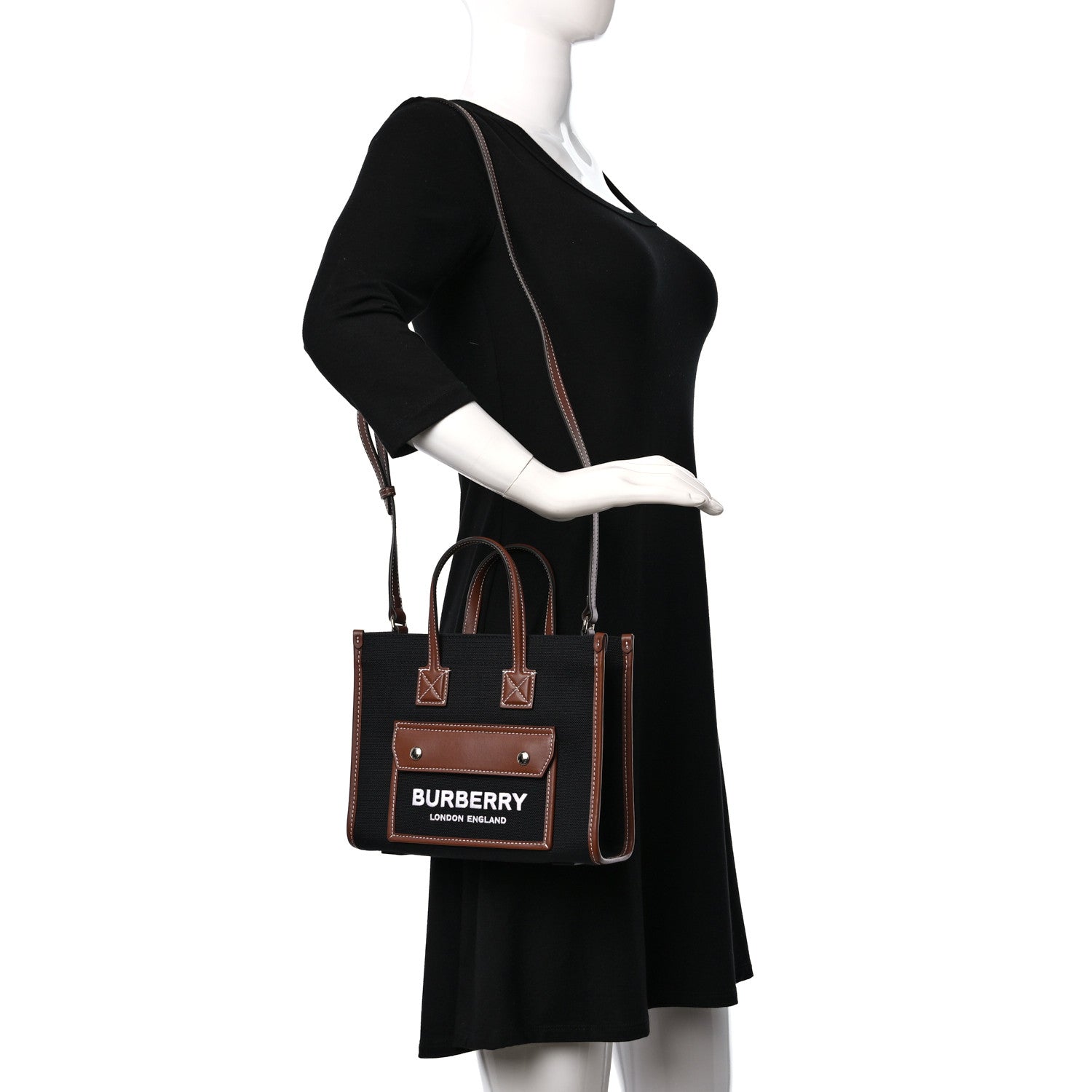 Burberry Canvas Smooth Calfskin Mini Two Tone Freya Tote Black Tan 2 of 9