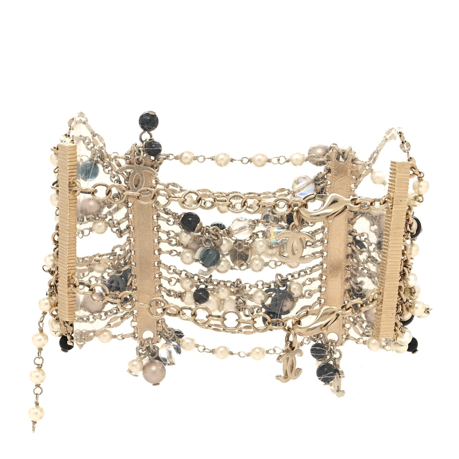 Chanel Pearl Bead Crystal CC Multi Strand Chain Bracelet Black White Gold 3 of 5
