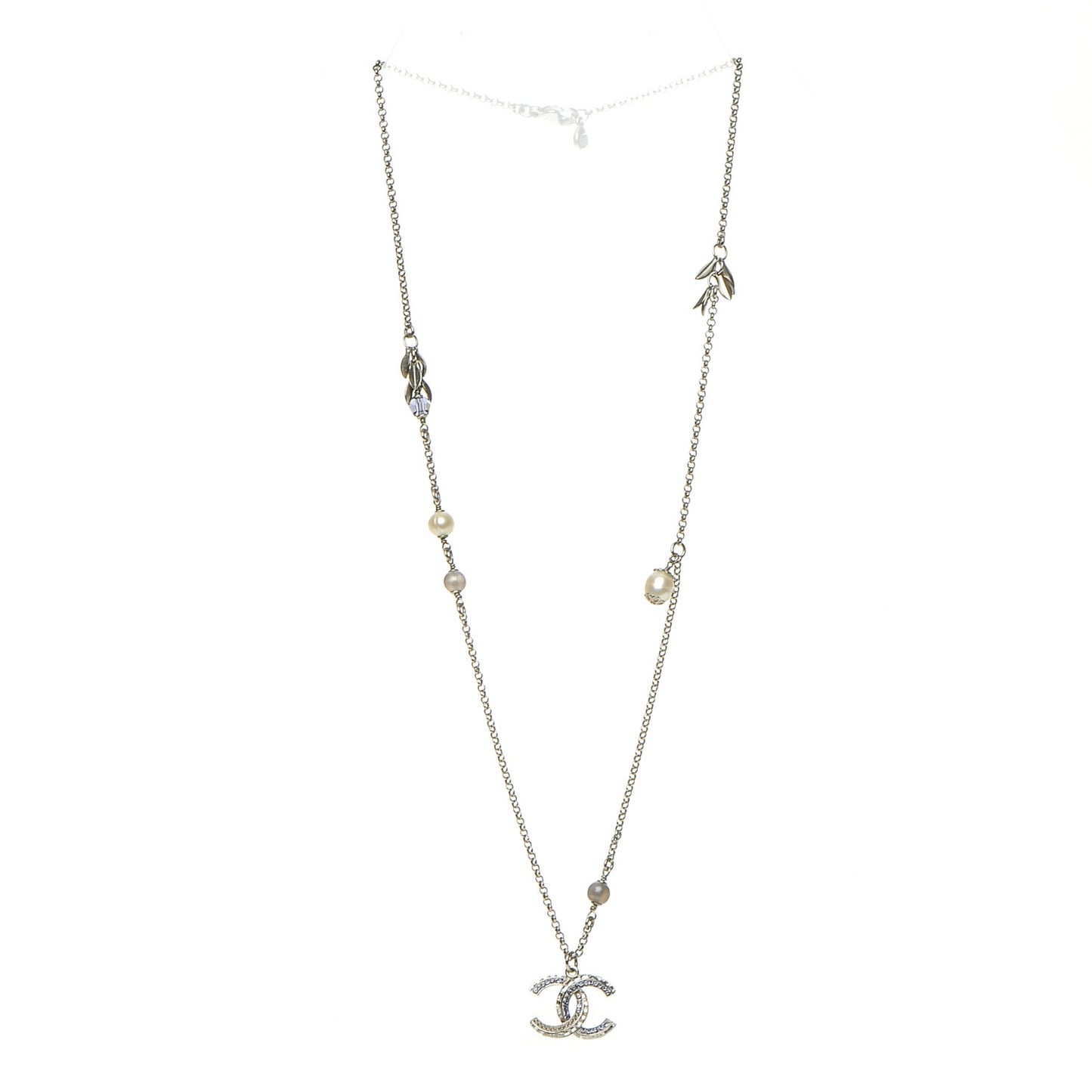 Baguette Crystal Pearl CC Necklace Purple Silver