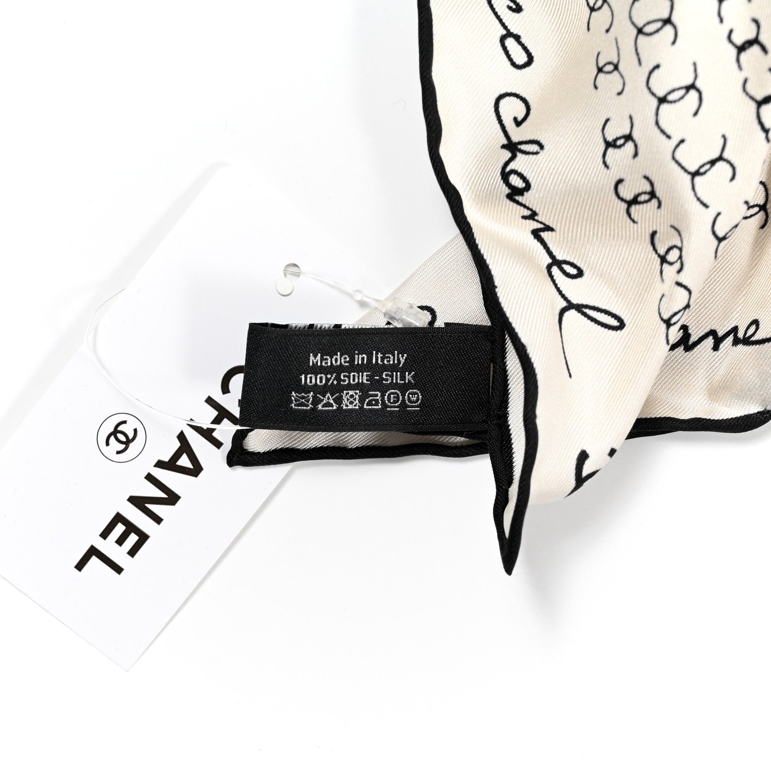 Chanel Silk Twill Square Scarf Hair Tie White Black 2 of 3