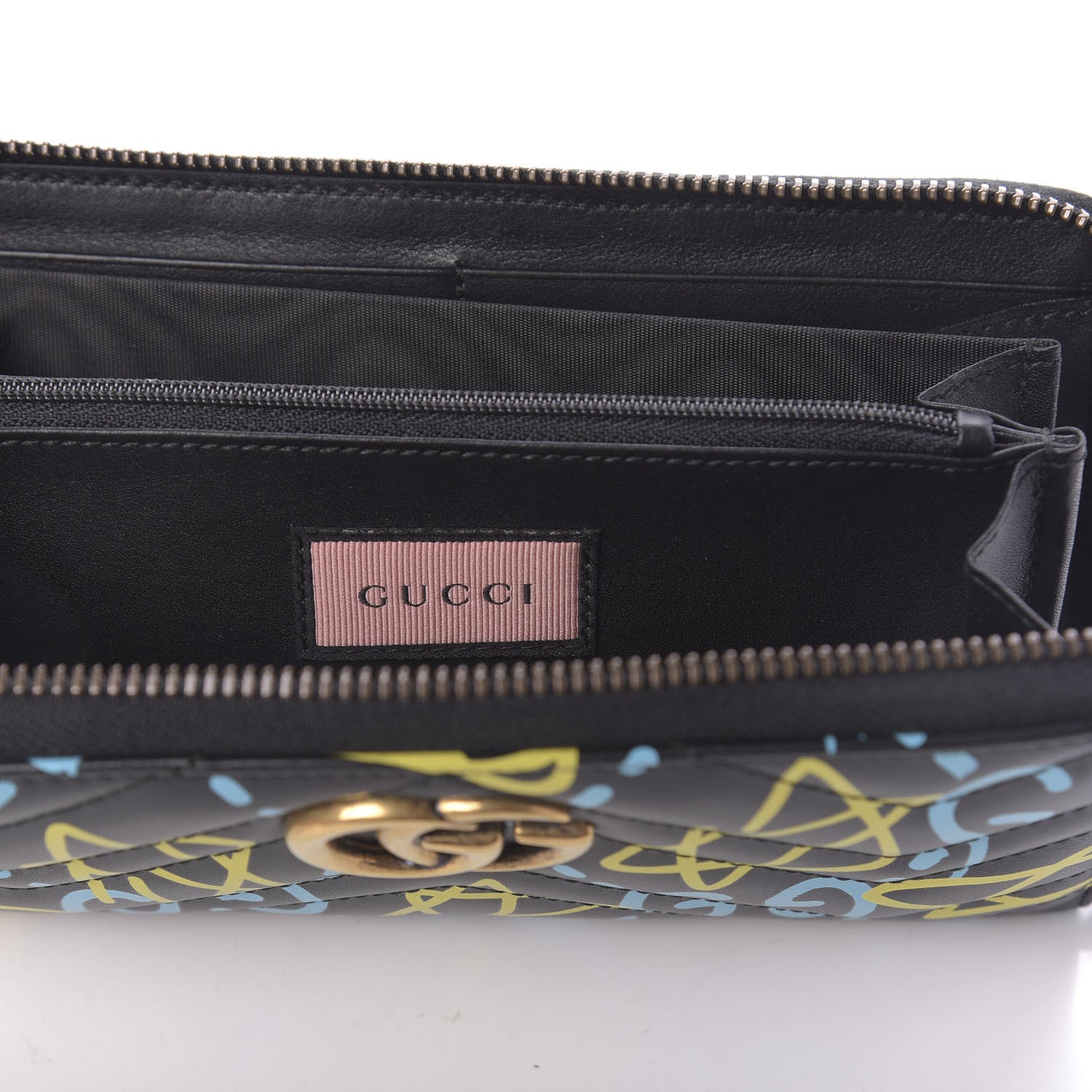 Gucci Calfskin Matelasse GucciGhost GG Marmont Zip Around Wallet Black New Acquamarine 9 of 10