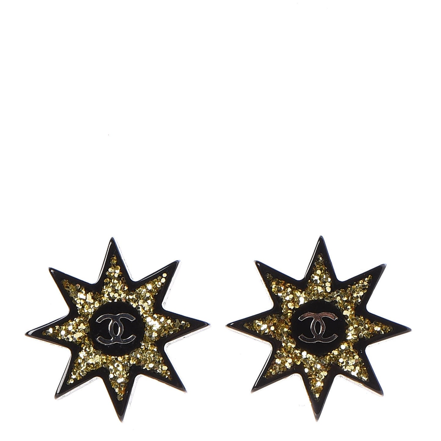 Resin Metal CC Star Earrings Black Gold