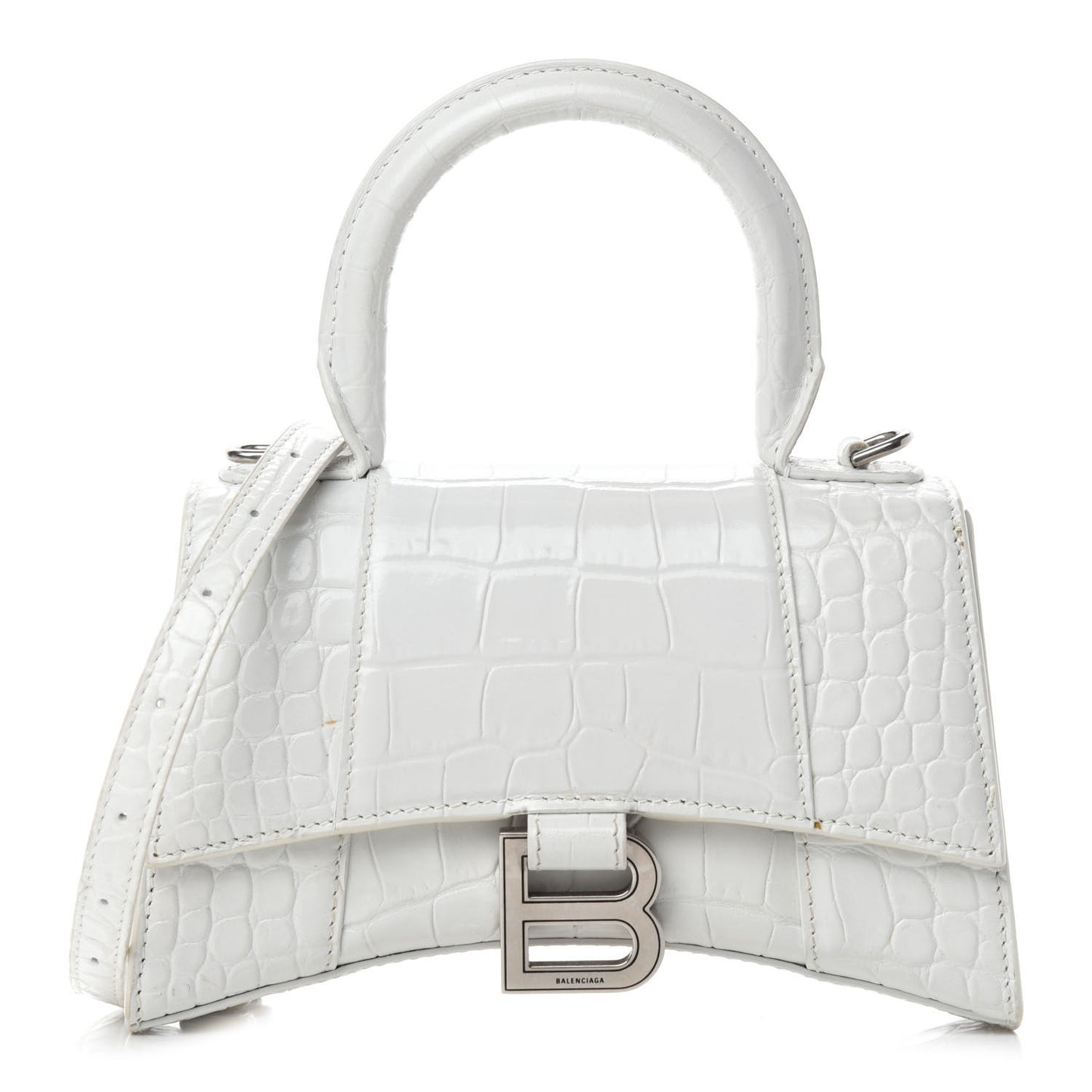 Shiny Calfskin Crocodile Embossed Hourglass Top Handle Bag XS White