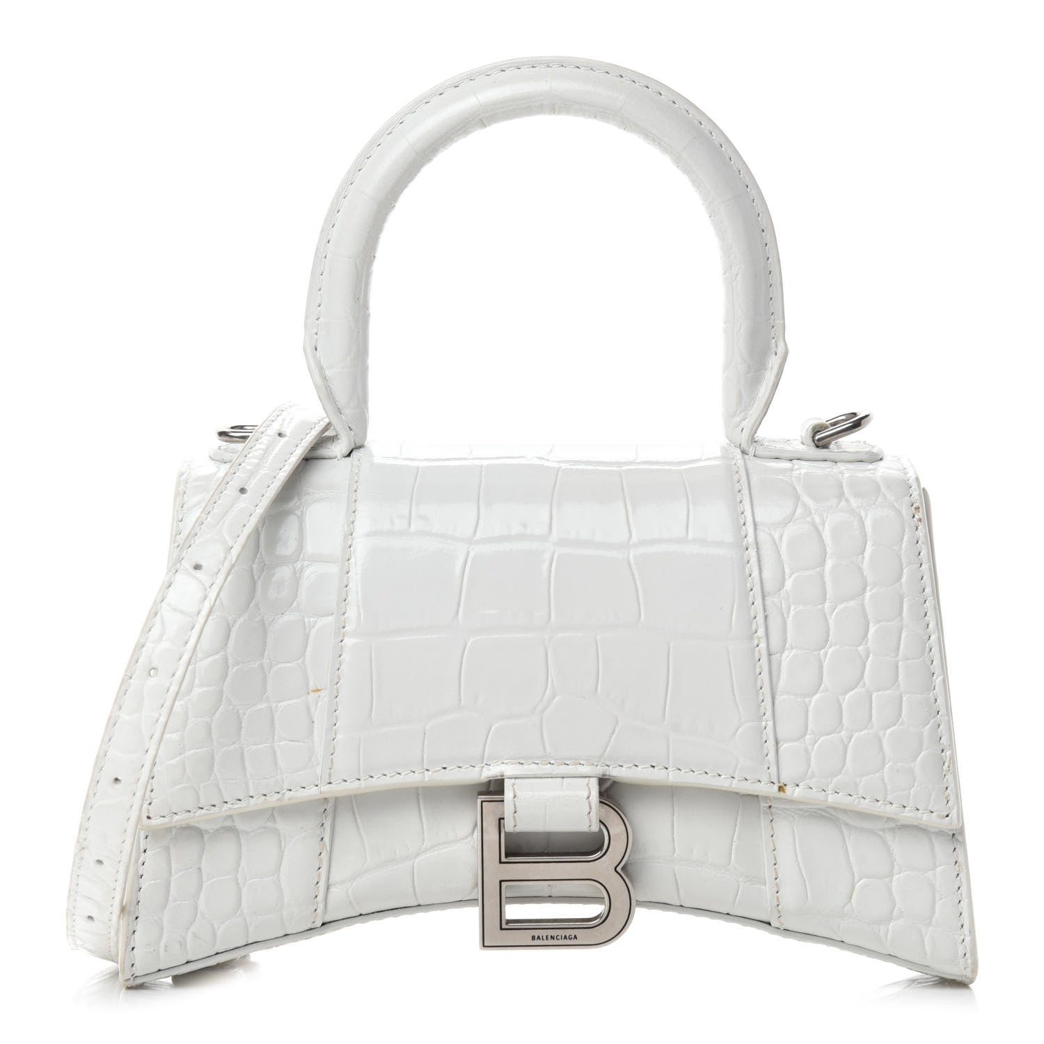 Balenciaga Shiny Calfskin Crocodile Embossed Hourglass Top Handle Bag XS White 1 of 11