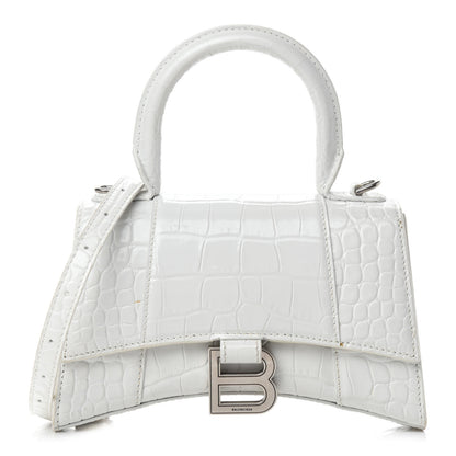 Balenciaga Shiny Calfskin Crocodile Embossed Hourglass Top Handle Bag XS White 1 of 11