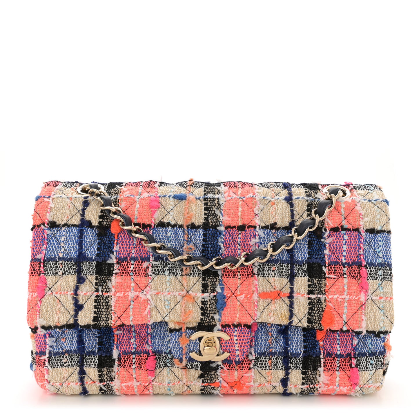 Tweed Quilted Medium Double Flap Blue Orange Yellow