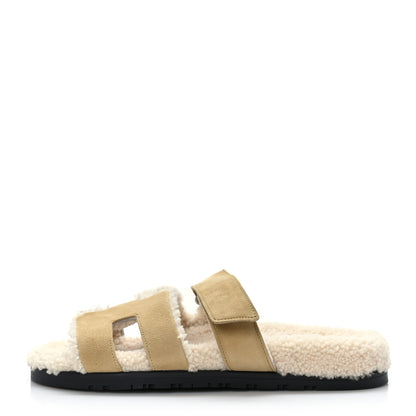 Hermes Suede Goatskin Woolskin Womens Chypre Sandals 39.5 Golden Beige 1 of 8