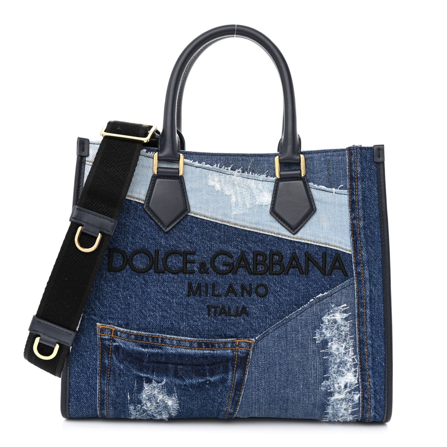 Calfskin Denim Patchwork Logo Shopper Tote Blue