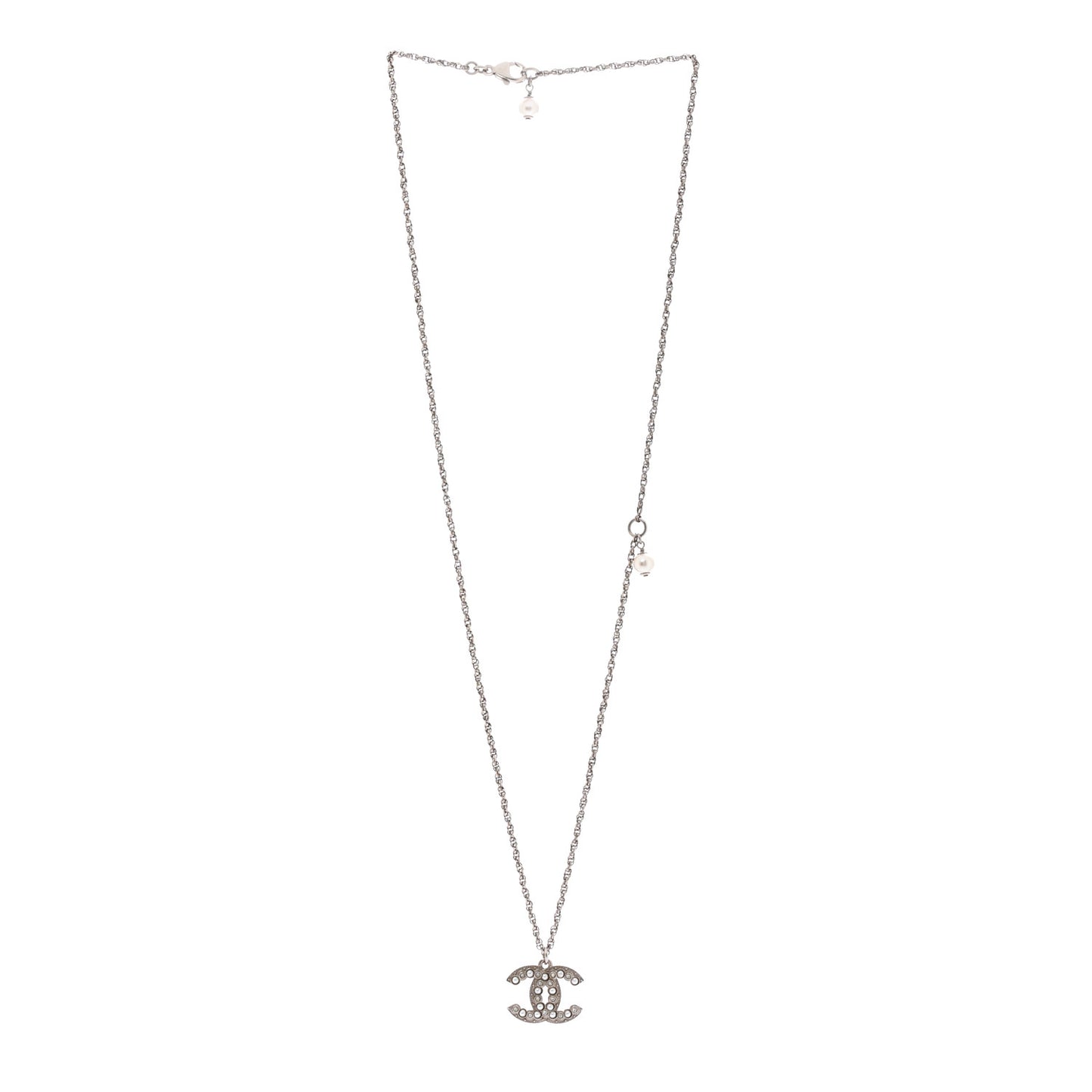 Pearl Crystal CC Pendant Necklace Silver
