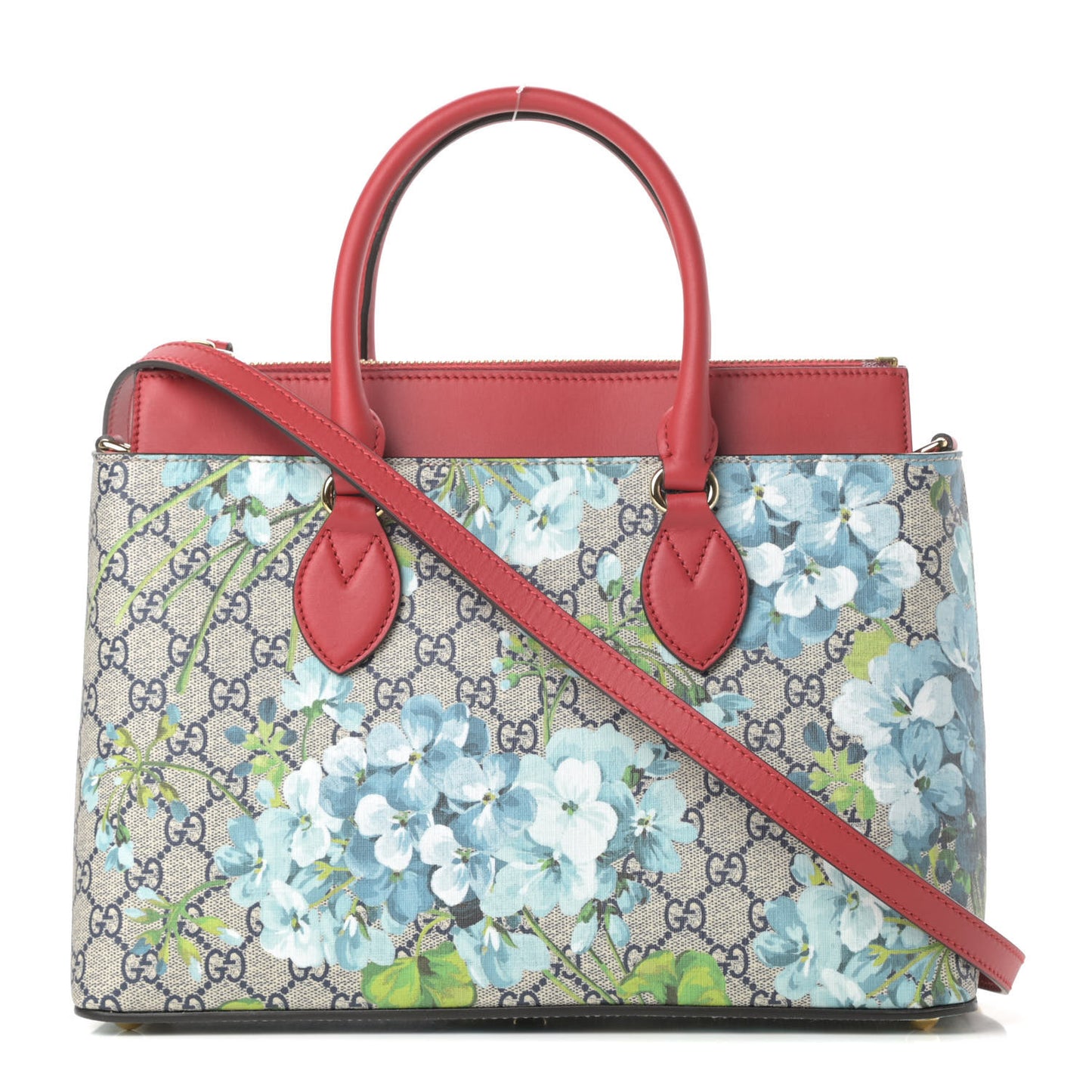 GG Supreme Monogram Blooms Medium Zip Top Tote Beige Blue Navy Hibiscus Red