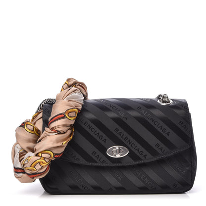 Balenciaga Nylon Jacquard Diagonal Logo Small Scarf Lock Chain Shoulder Bag Black Beige 1 of 8