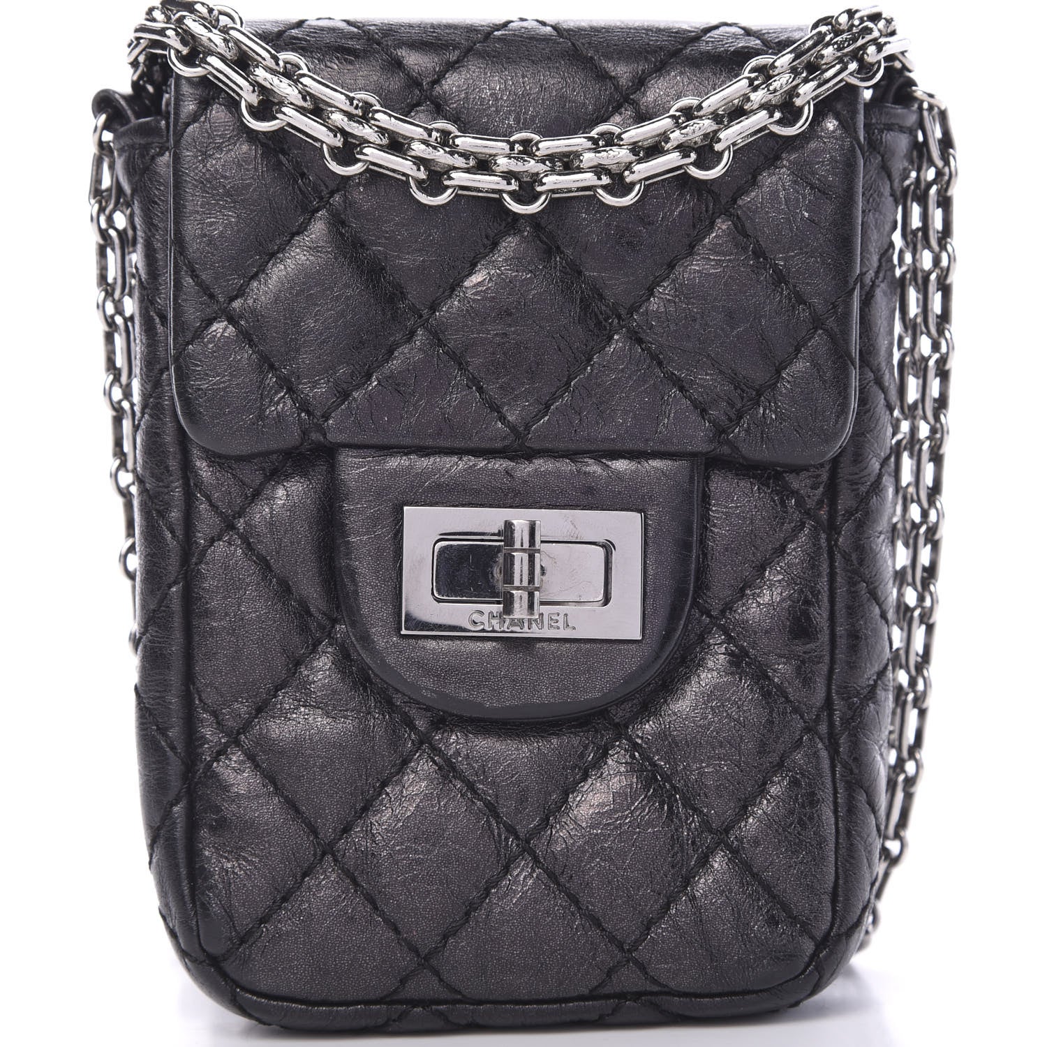 Chanel Metallic Aged Calfskin Quilted 2.55 Reissue Phone Case Black 7 of 10