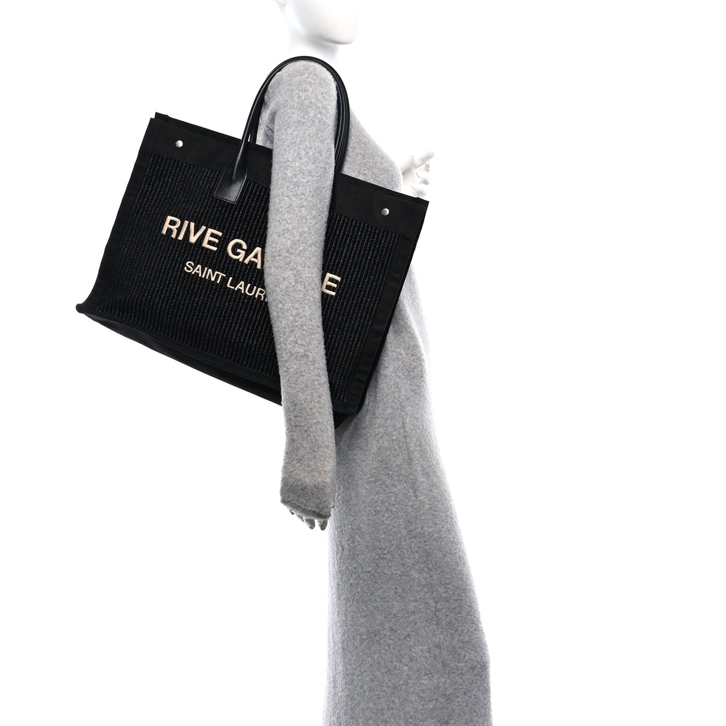 Raffia Linen Calfskin Rive Gauche Tote Black
