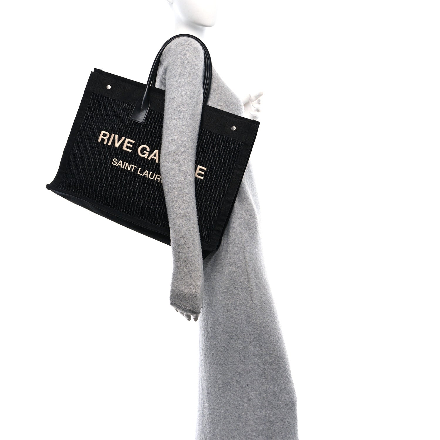 Saint Laurent Raffia Linen Calfskin Rive Gauche Tote Black 2 of 13