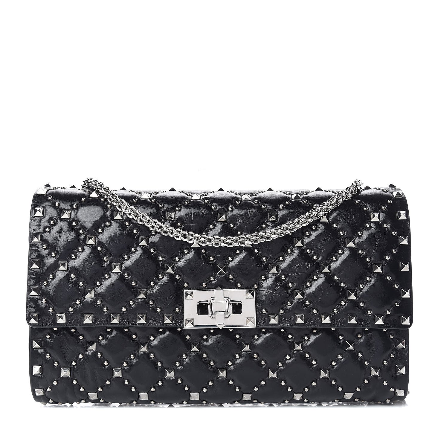 Craquele Nappa Beaded Rockstud Spike Wallet on Chain Black