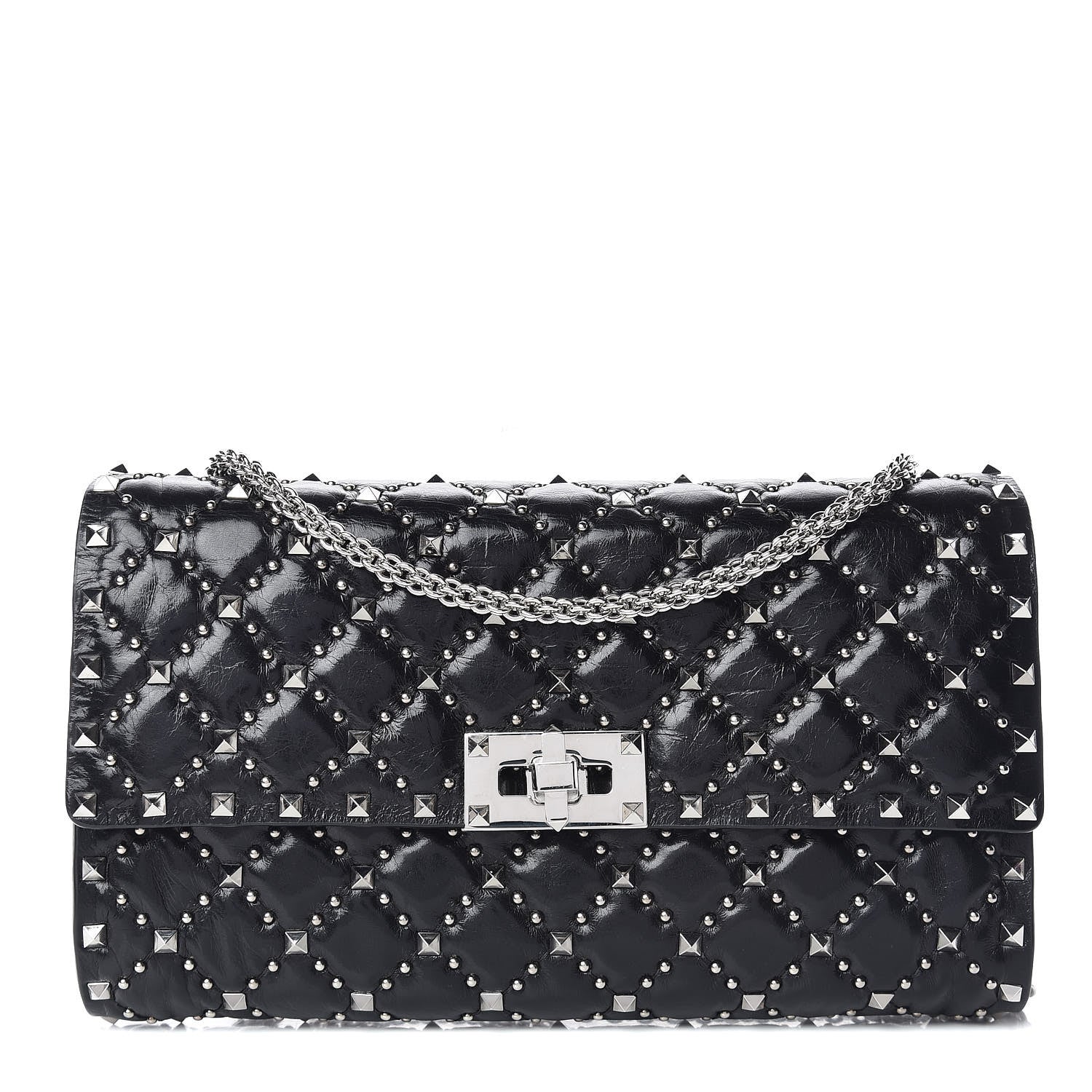 Valentino Garavani Craquele Nappa Beaded Rockstud Spike Wallet on Chain Black 1 of 8