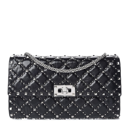 Valentino Garavani Craquele Nappa Beaded Rockstud Spike Wallet on Chain Black 1 of 8