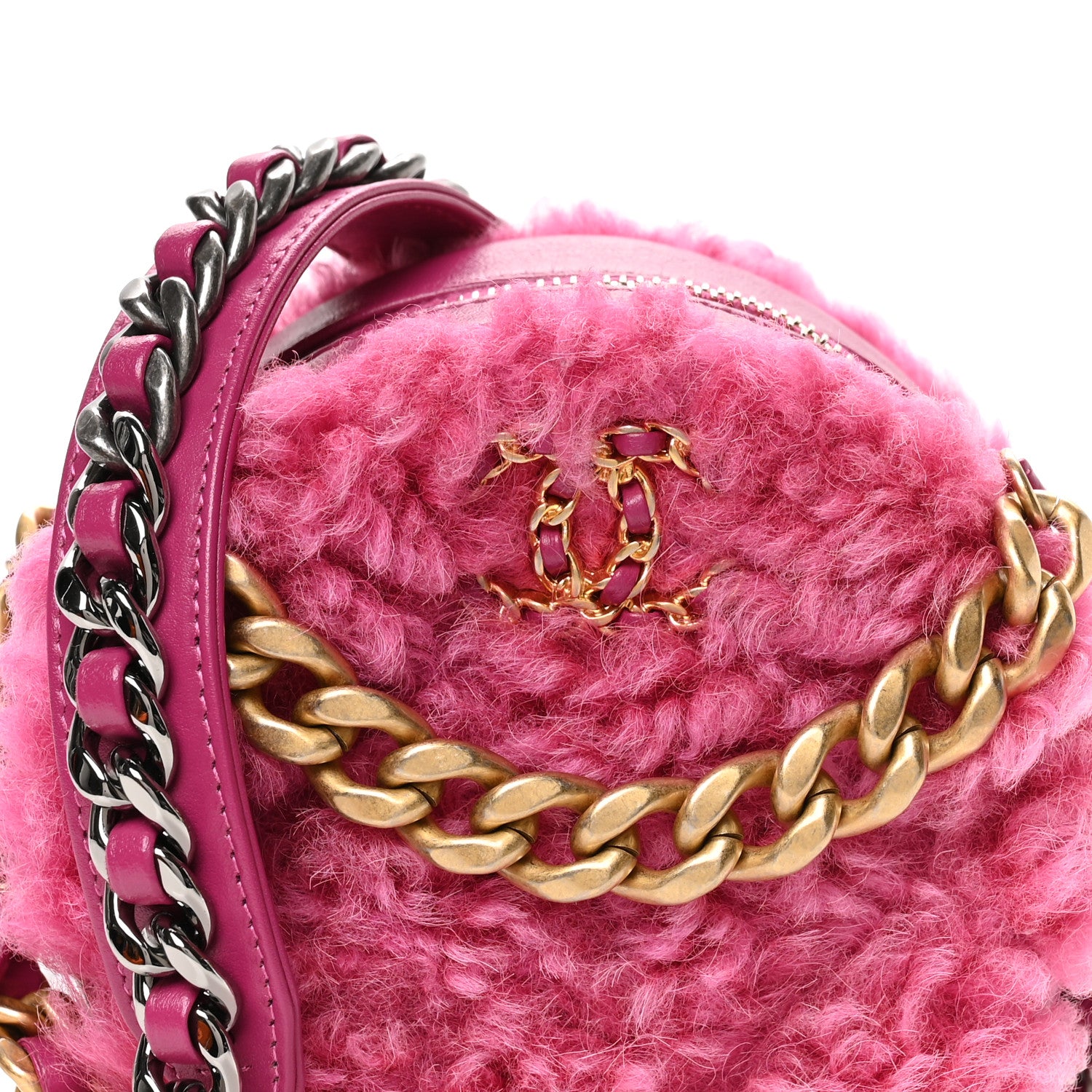 Chanel Shearling Sheepskin Chanel 19 Round Clutch With Chain Dark Pink 8 of 10