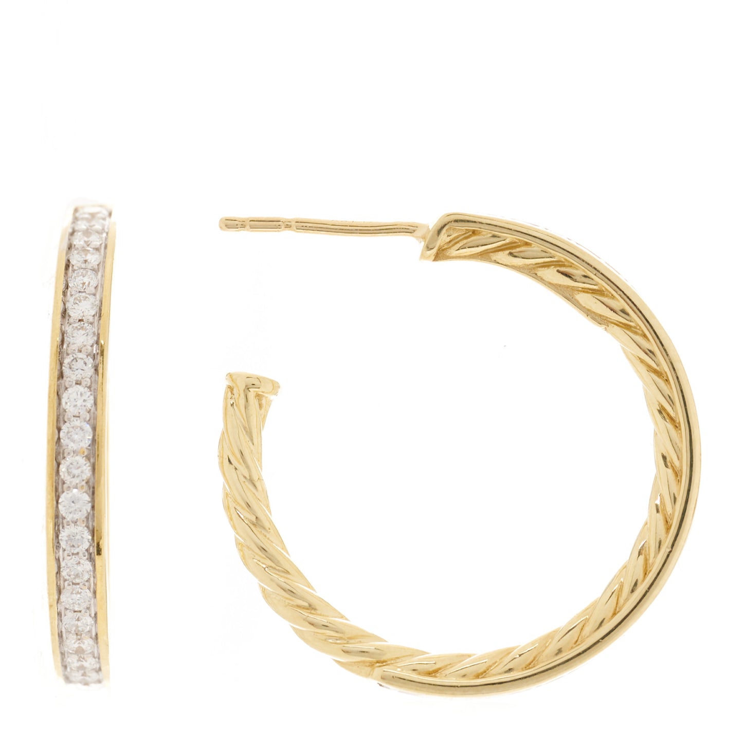 18K Yellow Gold Diamond 25mm Sculpted Cable Pave Hoop Earrings
