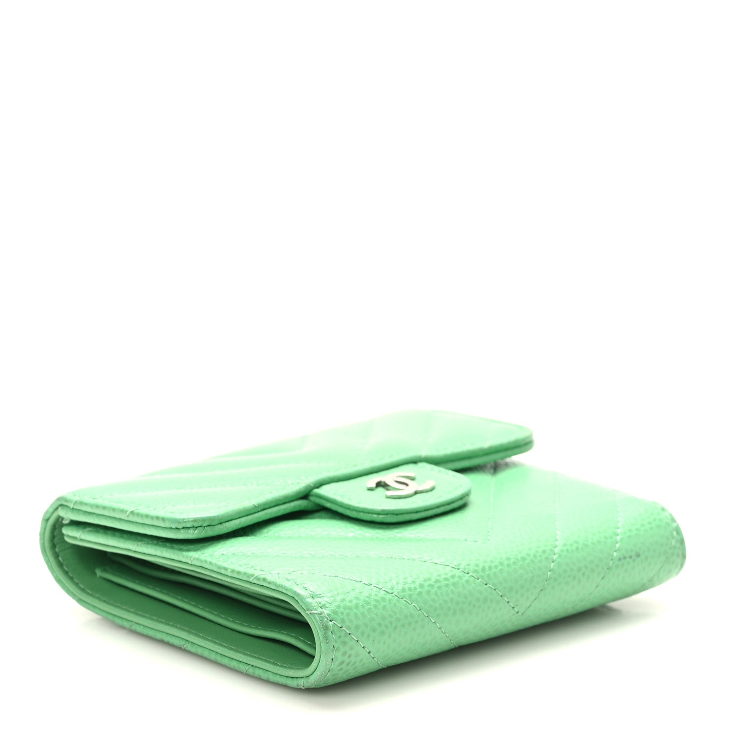 Chanel Caviar Flat Chevron Quilted Card Holder Wallet Green 4 of 7