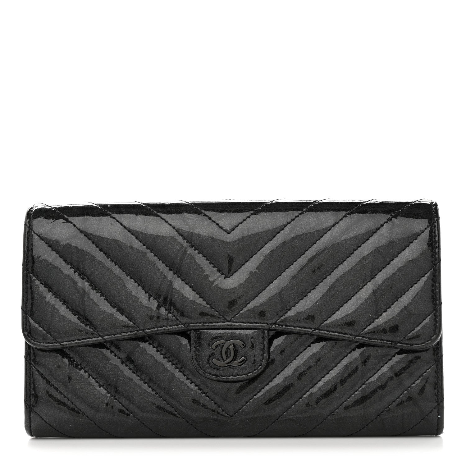 Chanel Patent Metallic Crumpled Calfskin Chevron Quilted Large Gusset Flap Wallet So Black 1 of 8