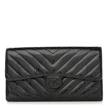 Chanel Patent Metallic Crumpled Calfskin Chevron Quilted Large Gusset Flap Wallet So Black 1 of 8