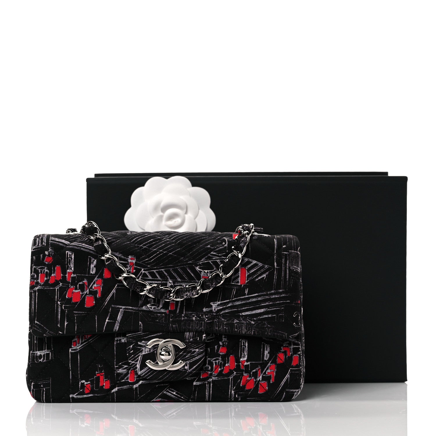 Chanel Fabric Printed Paris Rooftops Quilted Mini Rectangular Flap Black Red White 27 of 30