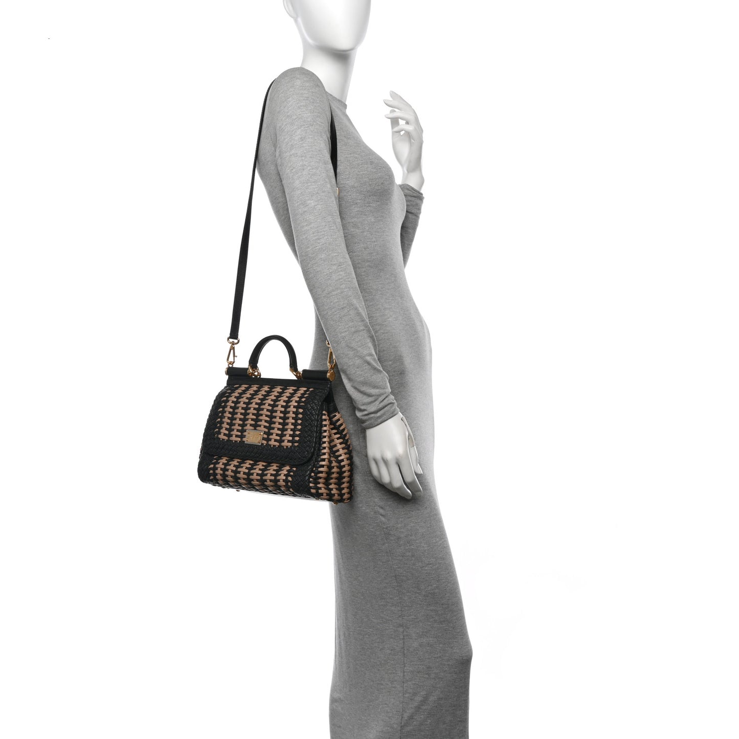 Calfskin Woven Medium Sicily Satchel Black Beige