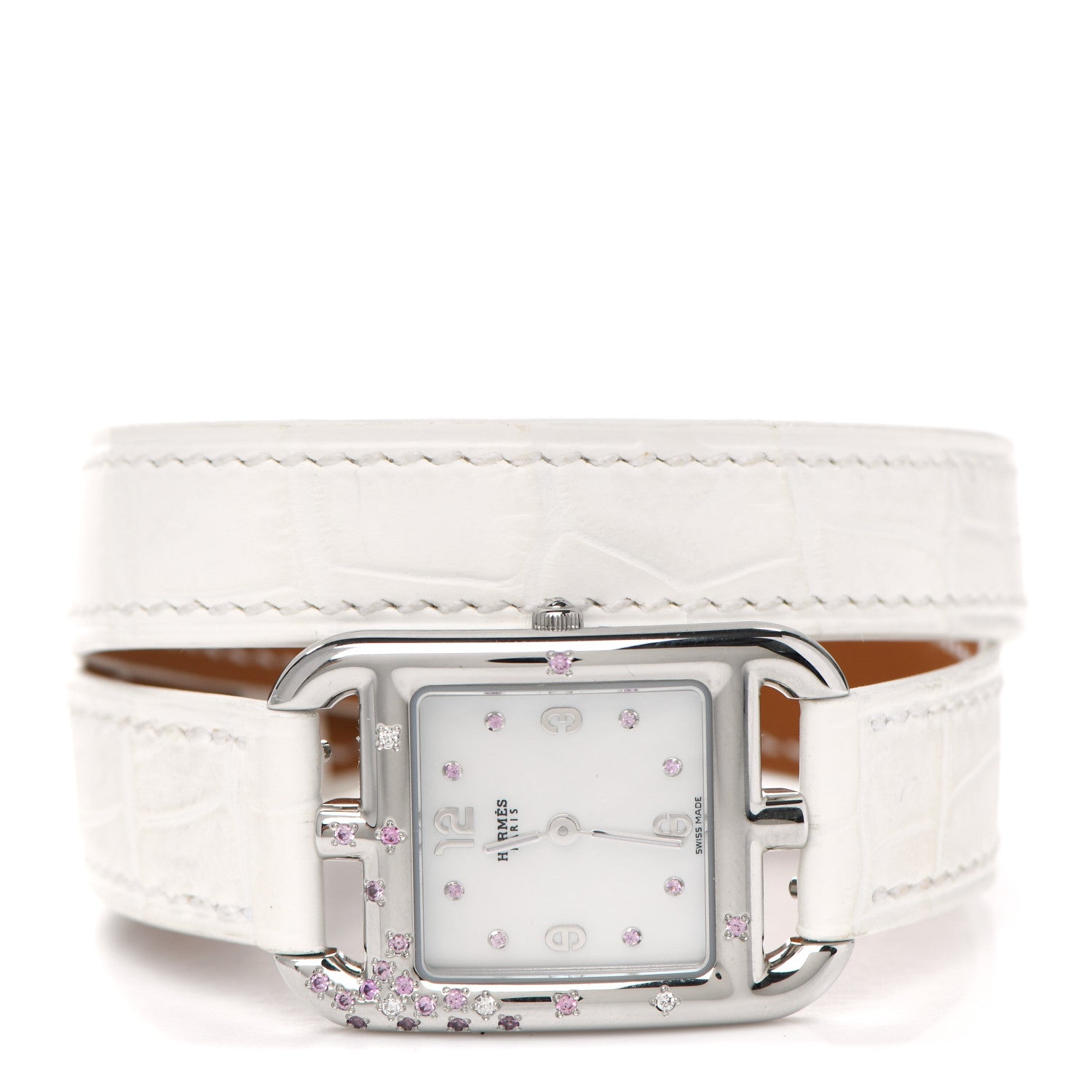 Hermes Stainless Steel Alligator Diamond Pink Sapphire 23mm Cape Cod Double Tour Quartz Watch Blanc 2 of 5