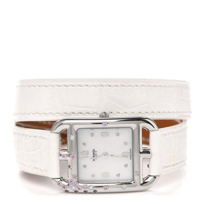 Hermes Stainless Steel Alligator Diamond Pink Sapphire 23mm Cape Cod Double Tour Quartz Watch Blanc 2 of 5