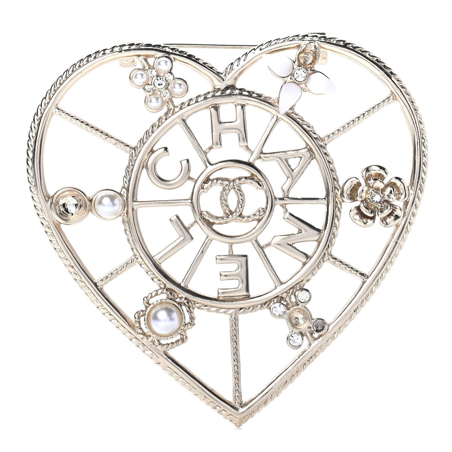 Crystal Pearl CC Heart Brooch Gold