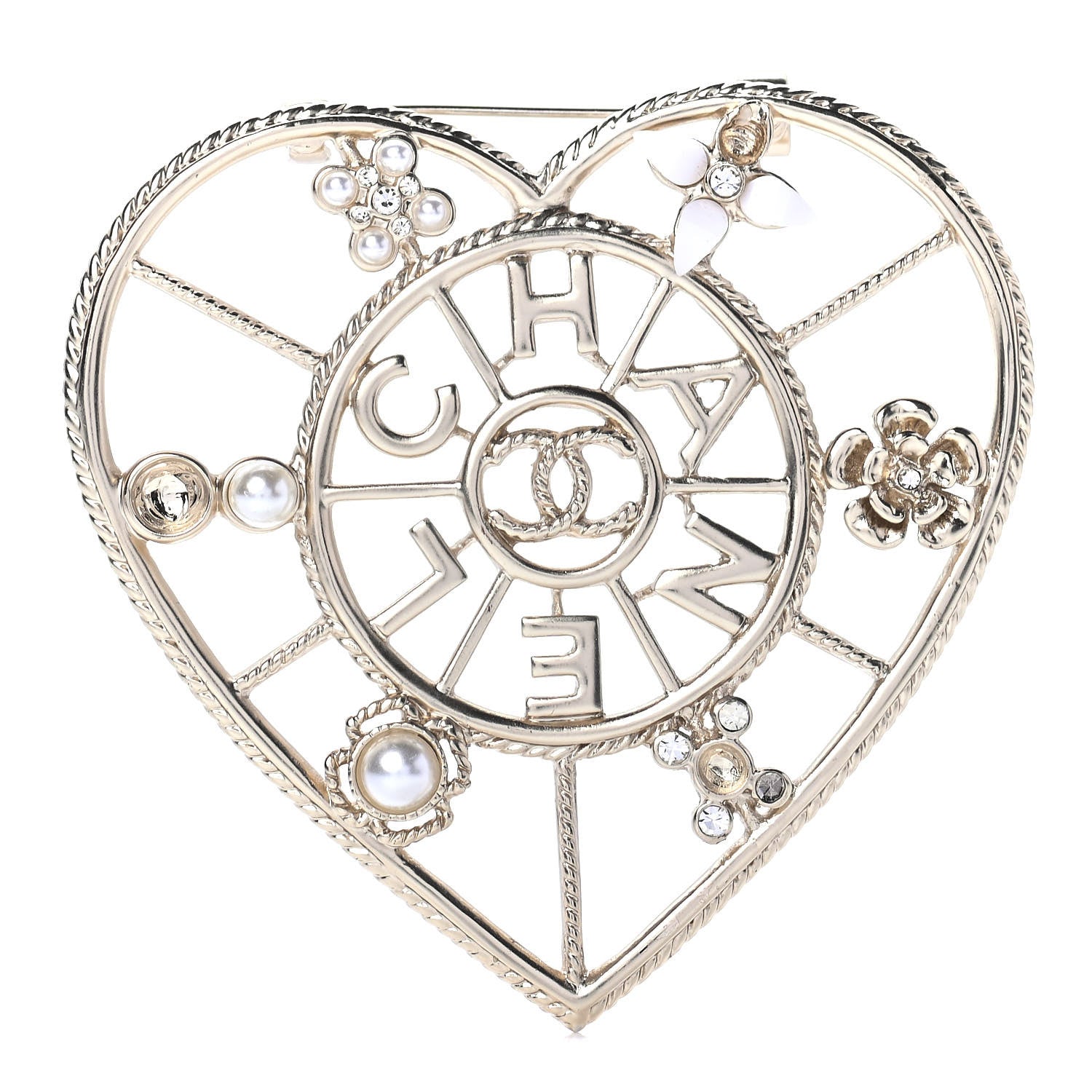 Chanel Crystal Pearl CC Heart Brooch Gold 1 of 8