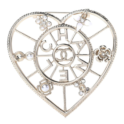 Chanel Crystal Pearl CC Heart Brooch Gold 1 of 8